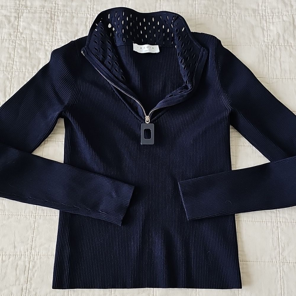 Sandro Womens Navy Cutout Knit Sweater Half Zip - Picture 2 of 6